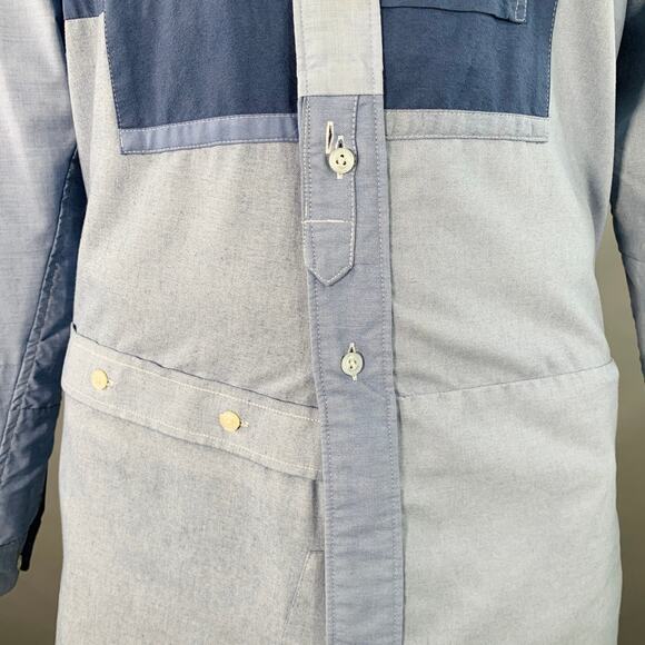 NEEDLES L Blue Light Blue Patchwork Deconstructed Cotton Blend Long Sleeve Shirt - Picture 2 of 10